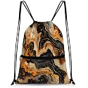QsirBC Golden Marble Swirls Drawstring Bag for Men &amp; Women, Gym Sports Backpack with Zipper Pocket, Lightweight String Sackpack for Travel, Running, Hiking, Workout
