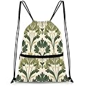 QsirBC Green Leafy Pattern Drawstring Bag for Men &amp; Women, Gym Sports Backpack with Zipper Pocket, Lightweight String Sackpack for Travel, Running, Hiking, Workout