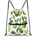 QsirBC Green Lime Design Drawstring Bag for Men &amp; Women, Gym Sports Backpack with Zipper Pocket, Lightweight String Sackpack for Travel, Running, Hiking, Workout