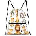 QsirBC Jungle Animal Pals Drawstring Bag for Men & Women, Gym Sports Backpack with Zipper Pocket, Lightweight String Sackpack for Travel, Running, Hiking, Workout