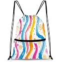 QsirBC Lively Wavy Doodles Drawstring Bag for Men &amp; Women, Gym Sports Backpack with Zipper Pocket, Lightweight String Sackpack for Travel, Running, Hiking, Workout