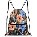 QsirBC Orange Blue Flowers Drawstring Bag for Men &amp; Women, Gym Sports Backpack with Zipper Pocket, Lightweight String Sackpack for Travel, Running, Hiking, Workout