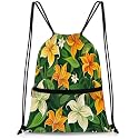 QsirBC Orange And White Lilies Drawstring Bag for Men &amp; Women, Gym Sports Backpack with Zipper Pocket, Lightweight String Sackpack for Travel, Running, Hiking, Workout