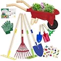 Qtioucp Children Gardening Tools Outdoor Toys Set Backyard Play with Wheelbarrow Educational STEM Learning Pretend Toys Outdoor Indoor for Children Boys Girls (Red Wheelbarrow Set)