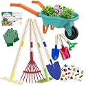 Qtioucp Kids Gardening Set with Wheelbarrow, Real Metal Garden Tools for Kids Ages 3-8, 4 Long Handle Tools, 3 Hand Tool, Gloves, 5 Stickers, Handbook, Outdoor Backyard Toys for Toddler Gift