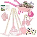 Qtioucp Kids Gardening Set with Wheelbarrow, Real Metal Garden Tools for Kids Ages 3-8, 4 Long Handle Tools, 3 Hand Tool, Gloves, 5 Stickers, Handbook, Outdoor Backyard Toys for Toddler Gift