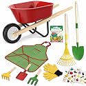 Qtioucp Kids Gardening Wheelbarrow Set, Metal & Wooden Garden Tools for Kids Ages 3-8, Real Wheelbarrows with Apron, Gloves & STEM Guide, Outdoor Backyard Garden Toy Gift