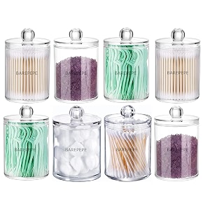 qtip holder dispenser for cotton ball cotton swab cotton round pads floss - clear plastic apothecary jar set for bathroom canister storage organization vanity makeup organizer pack of 8 transparent