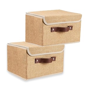 quail non-woven foldable large jute print storage box with lids amp handles  collapsible storage bin for organizing toys clothes and books beige pack of 2