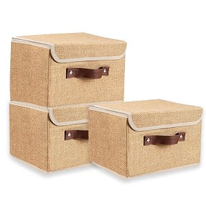 quail non-woven foldable large jute print storage box with lids amp handles  collapsible storage bin for organizing toys clothes and books beige pack of 3
