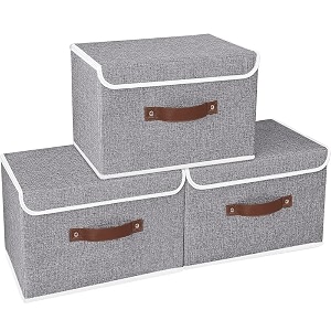 quail non-woven foldable large jute print storage box with lids amp handles  collapsible storage bin for organizing toys clothes and books grey pack of 3
