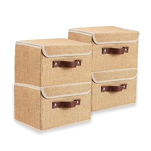 quail non-woven foldable large jute print storage box with lids amp handles  collapsible storage bin for organizing toys clothes and books beige pack of 4