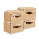 QUAIL Non-Woven Foldable Large Jute Print Storage Box with Lids &amp; Handles – Collapsible Storage Bin for Organizing Toys, Clothes, and Books (Beige, Pack of 4)