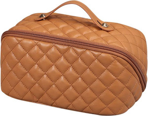 quail premium high quality leather cosmetic bag makeup vanity bag travel toiletry kit tan