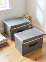 QUAIL Set of 2 Non Woven Jute Print Large Storage Box with Lid & Handle for Toys,Cloth Storage Box