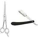 Quake Men's/Women's Professional Salon Barber Hair Cutting Scissors and Folding Razor Scissor (Steel, Black) - Combo of 2