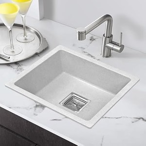 gem quartz kitchen sink 21x18x9 inch dotted white with waste coupling and pipe  single big bowl modern luxury sink for kitchen  easy to clean scratch heat fade and sound proof granite sink