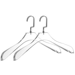 quality clear lucite acrylic heavy duty coat suit hangers  2 pack curved stylish clothes hanger with wide matte silver hooks - coat hanger for dress suit - closet organizer adult hangers