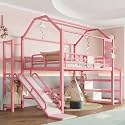 Quarte Full House Loft Bed with Slide and Stairs, Metal Playhouse Bed with Storage Shelves, House-Shaped Roof for Kids Boys Girls Teens, No Box Spring Needed (Pink/S1, Full)