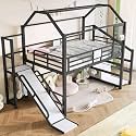 Quarte Full House Loft Bed with Slide and Stairs, Metal Playhouse Bed with Storage Shelves, House-Shaped Roof for Kids Boys Girls Teens, No Box Spring Needed