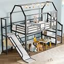 Quarte Twin House Loft Bed with Slide and Stairs, Metal Playhouse Bed with Storage Shelves, House-Shaped Roof for Kids Boys Girls Teens, No Box Spring Needed (Black/S2, Twin)