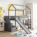 Quarte Twin House Loft Bed with Slide, Storage Steps &amp; Underbed Space, Wood Playhouse Bed for Kids Boys Girls Teens, No Box Spring Needed (Gray/SS)