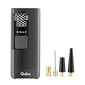 qubo digital tyre inflator max by hero group  5200 mah battery12v port  150 psi  quick inflation  digital display  5 air fill modes  auto cut-off  multi-nozzle compatible  emergency light