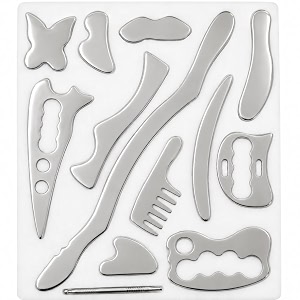 qudisa 13-piece professional iastm tool kit stainless steel muscle scraping tools for physical therapy support fascia care deep tissue techniques sports use and chiropractic support 8 mm thick