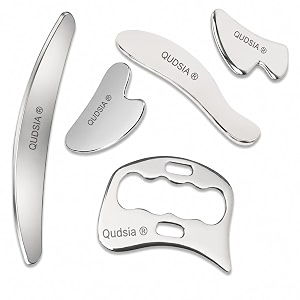 qudisa 5-piece stainless steel gua sha tool set professional iastm muscle scraping tools for gua sha fascia care deep tissue techniques myofascial techniques physical therapy support and sports use mirror polish 5 mm thick