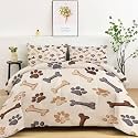 Queen Comforter Set 3 Pcs Retro Style Paw Prints Corgi Soft All Seasons Quilted Comforter Set, Light Brown Warm Comforters Set 90" x 90" with 2 Pillowcases for Kids Girls Boys