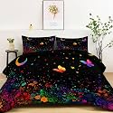 Queen Comforter Set 3 Pcs Watercolor Splash Butterfly Moon Soft All Seasons Quilted Comforter Set, Black Warm Comforters Set 90" x 90" with 2 Pillowcases for Kids Girls Boys