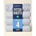 Queen Fitted Sheet - Pack of 4 Single Fitted Bottom Sheet - Blue Stripes