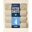 Queen Fitted Sheet - Pack of 4 Single Fitted Bottom Sheet Only - Beige