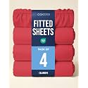 Queen Fitted Sheet - Pack of 4 Single Fitted Bottom Sheet Only - Red