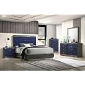 Queen Size 5pc Bed Set Wooden Headboard Felt Lined Metal Side Glides Indigo Blue and Ash Gray Finish Bedroom Furniture