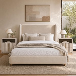 Queen Upholstered Platform Bed Frame Wingback Headboard