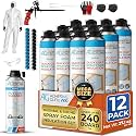 QuickCoat Closed Cell Spray Foam Insulation Kit for Wall–12x32.8oz(930g) Covers 240 Board Ft–DIY Expanding Sealant Set, Insulates Heat&Sound, Fills Gaps&Cracks–12 Foam Cans, Cleaner, Gun&Safety Gear