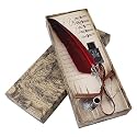 Walfront Quill Feather Quill Pen Set Vintage Quill Feather Pen Ink Set Antique Calligraphy Writing Quill Pen Best Antique Executive Gift(Red)