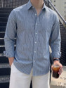 QUINTON Men Striped Casual Dark Blue Shirt