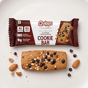 quipps high protein cookie bar almond choco chips  9g plant protein  almond butter amp dark chocolate chips  multigrain healthy snack bar  fitness amp gym snack  breakfast on-the-go  no maida  no palm oil  no artificial preservatives  eggless  35g