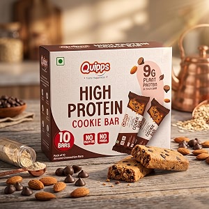 quipps high protein cookie bar almond choco chips  9g plant protein  almond butter amp dark chocolate chips  multigrain healthy snack bar  fitness amp gym snack  breakfast on-the-go  no maida  no palm oil  no artificial preservatives  eggless  35g x pack of 10