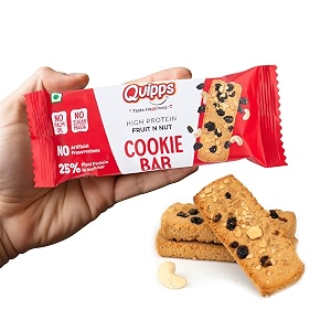 quipps high protein fruit n nut cookie bar for kids amp adults  9g plant protein  healthy breakfast amp gym snack  multigrain protein bar with cashews raisins quinoa amp chia seeds  almond butter  no maida  no palm oil  no artificial preservatives  eggless  35g