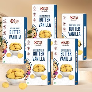 quipps short bread bites butter vanilla cookies  made with real butter amp natural vanilla  whole wheat atta  no maida  no palm oil  no artificial preservatives  eggless shortbread cookies  tea-time biscuits  pack of 5 180g each