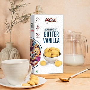 quipps short bread bites butter vanilla cookies  180g  made with real butter amp natural vanilla  whole wheat atta  no maida  no palm oil  no artificial preservatives  eggless shortbread cookies  tea-time biscuits
