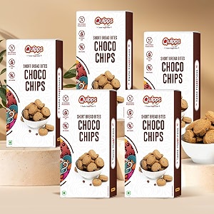 quipps short bread bites choco chips cookies  18 dark chocolate chips  whole wheat atta  no maida  made with white butter  no palm oil  no artificial preservatives  eggless snack biscuits for tea time amp office breaks  pack of 5 180g each