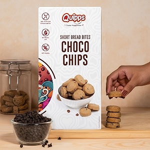 quipps short bread bites choco chips cookies  18 dark chocolate chips  whole wheat atta  no maida  made with white butter  no palm oil  no artificial preservatives  eggless snack biscuits for tea time amp office breaks 180g