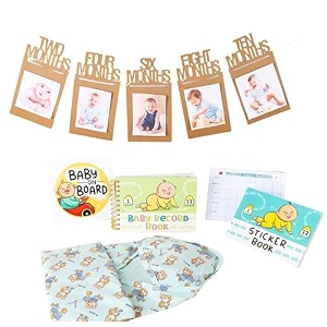 qwirk baby memory book amp record bundle - 0-12 months keepsake journal with sticker book swaddle meal planner baby on board sticker amp photo frames - baby shower gift for boys amp girls