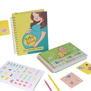 qwirk pregnancy journal gift set - 280-page guided memory book with stickers mood cards amp wooden frame - baby swaddle milestone tracker amp keepsake kit for expecting moms