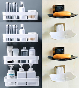 qxore white bathroom shelves 4 pcs  soap stand 4 pcs multipurpose and rack for home plastic wall shelf number of shelves - 8 white