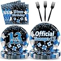 Qyeahkj 100 Pcs 13th Birthday Decorations for Boys Official Teen Supplies Plate Napkin Forks Set Disposable Blue 13th Birthday Tableware Paper Plates Dinnerware for Kids Teenager Favors Serve 25